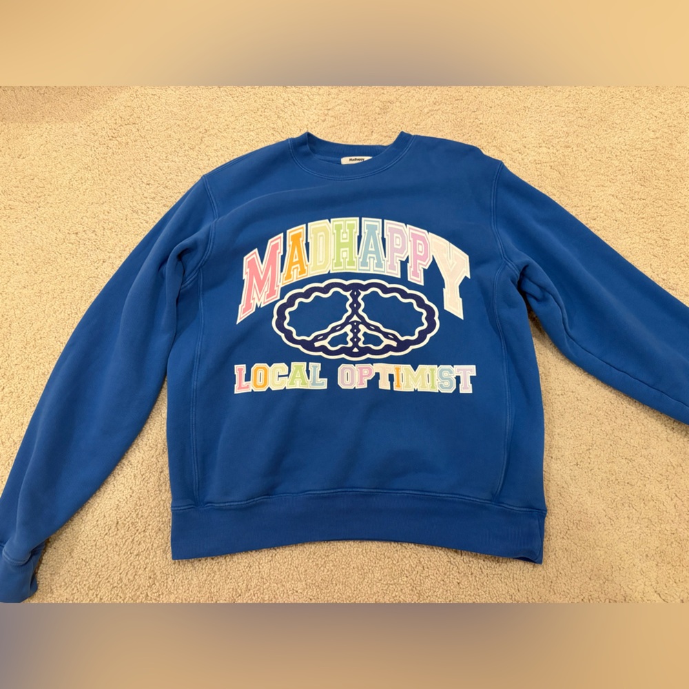 Madhappy Local Optimist Sweatshirt Blue Crew Pullover Cotton Peace Sign, Size XS
